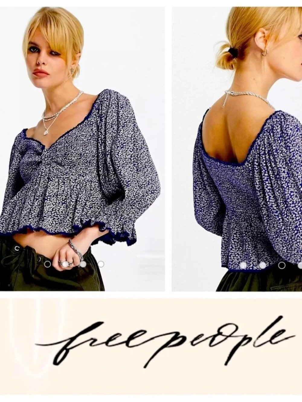 Free People Blue Beige Floral Smocked Puff Sleeve Brittnee Peplum Top Medium